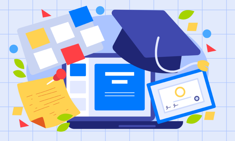 Laptop junto a un birrete de graduación y útiles escolares representando el aprendizaje en línea.
