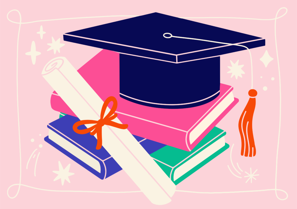 Símbolos de prestigio académico con libros y beca universitaria que representan la validación y el rigor del ecosistema de aprendizaje.