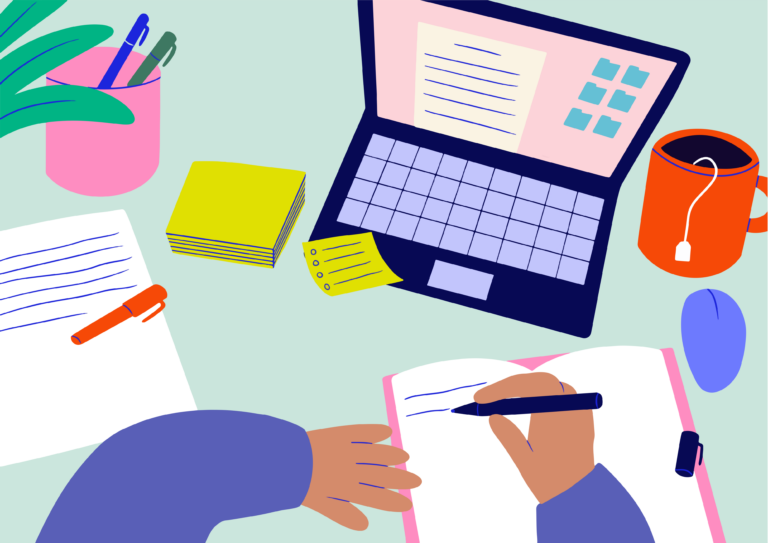 mesa-trabajo-estudiante-libros-cuadernos-rosados