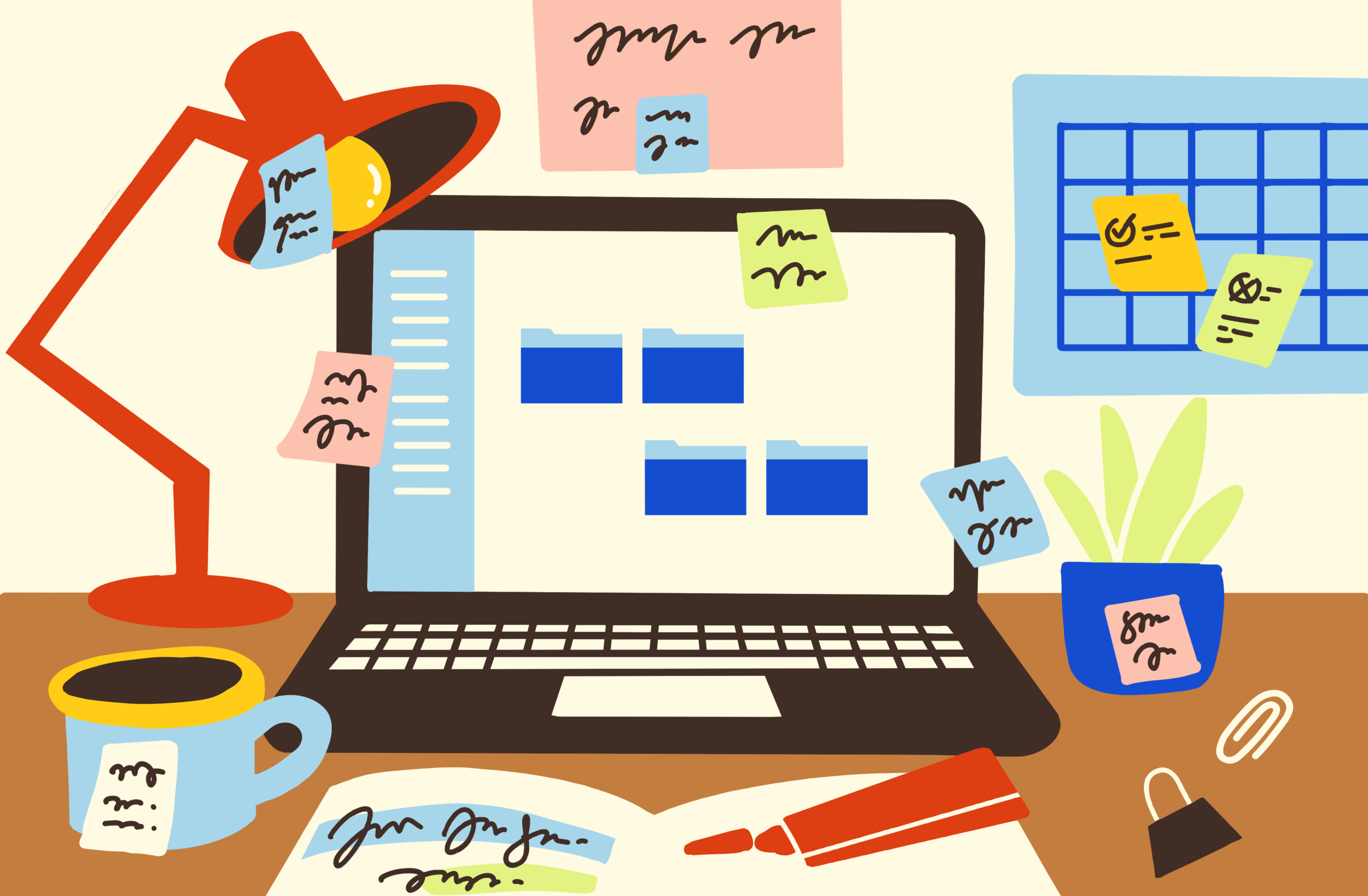 Vista de una mesa de madera con diversos materiales escolares como libros abiertos, cuadernos, lápices y una lámpara de escritorio.