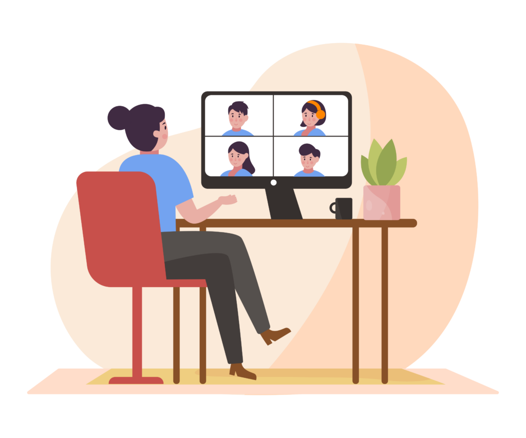 Una mujer en una reunión online con los freelancers que prestan servicio para su empresa.