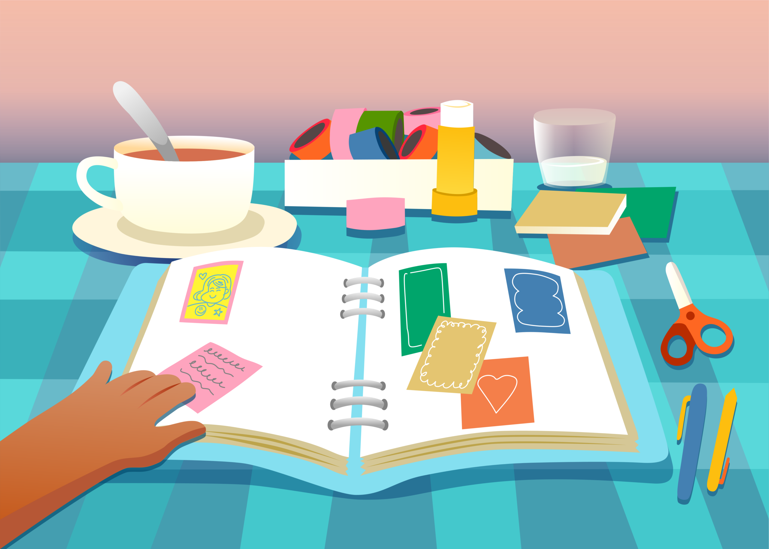 Una persona comenzando a organizar y personalizar las primeras páginas de su primer bullet journal, enfocada en planificar su nueva rutina.