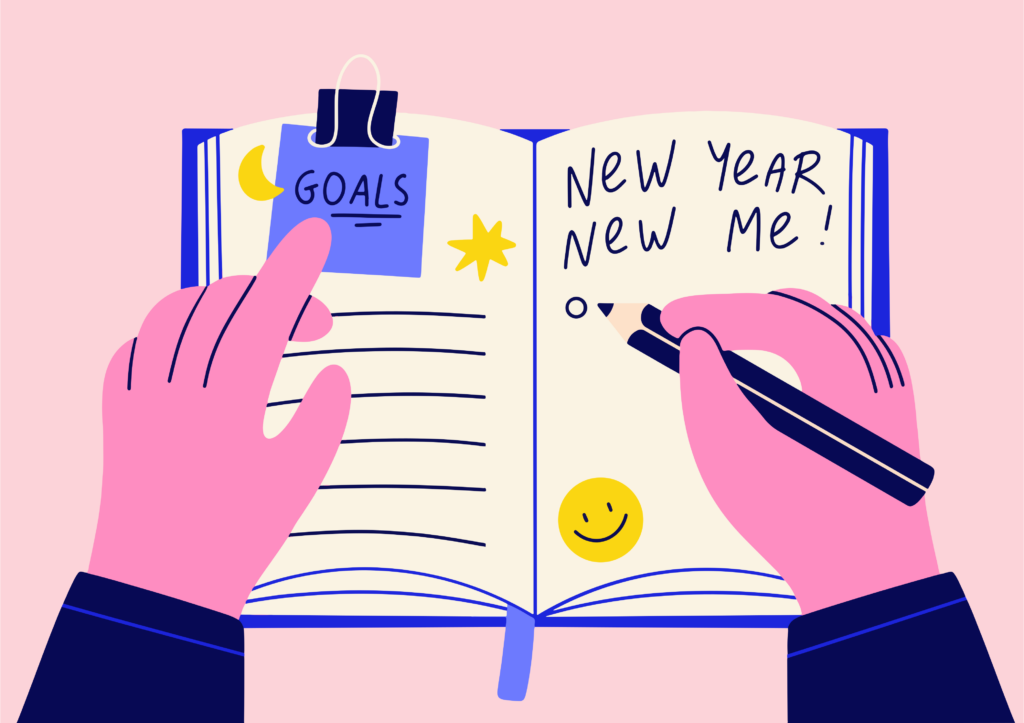 Persona planificando la estrategia de océano azul para su proyecto, con el libro de negocios de fondo como referencia para crear un mercado sin competencia.