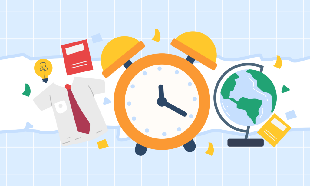 Un reloj de escritorio y un globo terráqueo colocados lado a lado, simbolizando la gestión del tiempo global.
